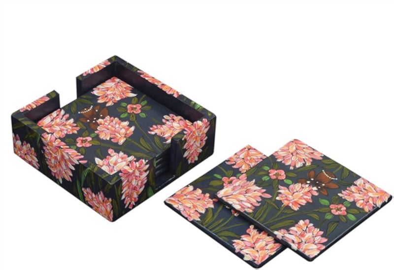 Store Indya, Wooden rustic coaster holder set for drink Bar Coaster Tea Coffee Mug Tabletop Barware Set of 6 Wooden Hand Carved Floral Designed Dining Accessories Home DÃ©cor